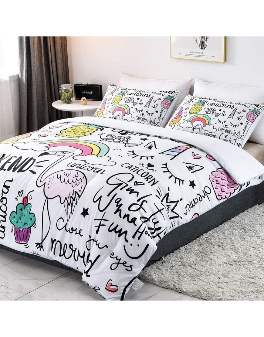 SHINICHISTAR Unicorn Flamingo Rainbow Comforter Set for Kids Teens Girls 3 Pieces Cartoon Drawing Bedding Sets Queen Size - B60NTKGNL