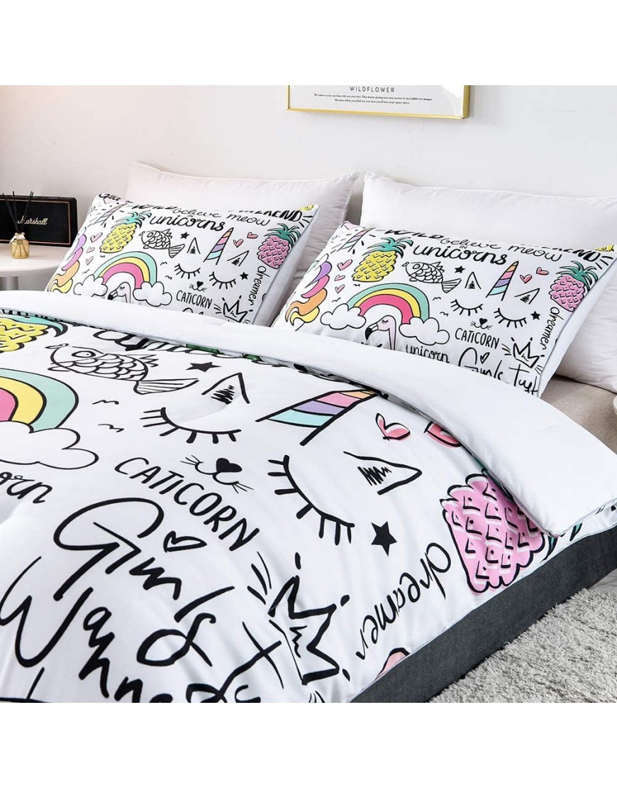 SHINICHISTAR Unicorn Flamingo Rainbow Comforter Set for Kids Teens Girls 3 Pieces Cartoon Drawing Bedding Sets Queen Size - B2650X37Q