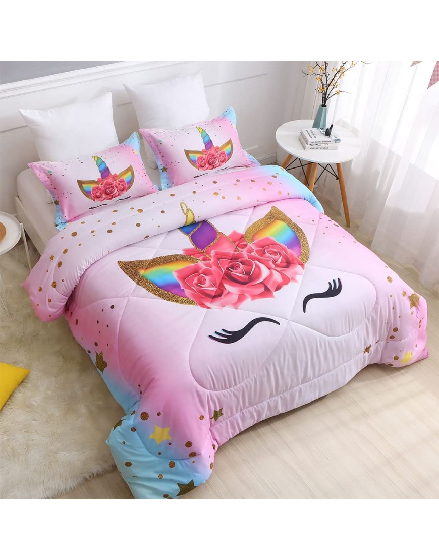 SIRDO Magical Unicorn Ultra Soft Girls Comforter Set Pink Queen Size Microfiber 3 Piece Bed Set for Teen Girls with Sparkle Stars Ombre Bedding Sets Machine Washable - BPLZ7FHG4