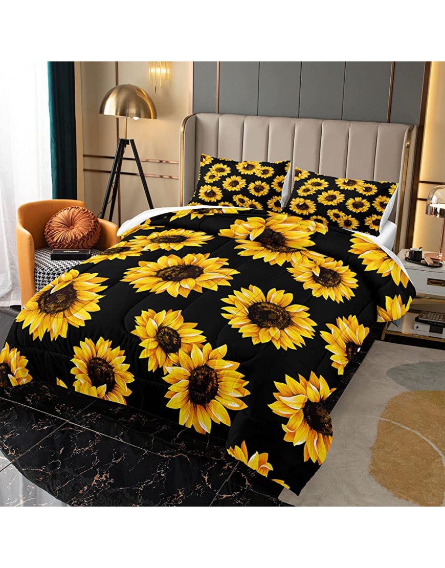Sunflower Comforter Set Yellow Floral Comforter Luxury Black Floral Printed Black Lightweight Microfiber Comforter Boys Girls Bedding Sets Queen 1 Comforter 2 Pillowcases Queen Black Sunflower - BJSUIYCK6