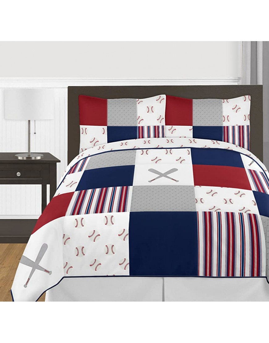 Sweet Jojo Designs Red White and Blue Baseball Patch Sports Boy Full Queen Kid Teen Bedding Comforter Set 3 Pieces Grey Patchwork Stripe - BVBMPH8QZ
