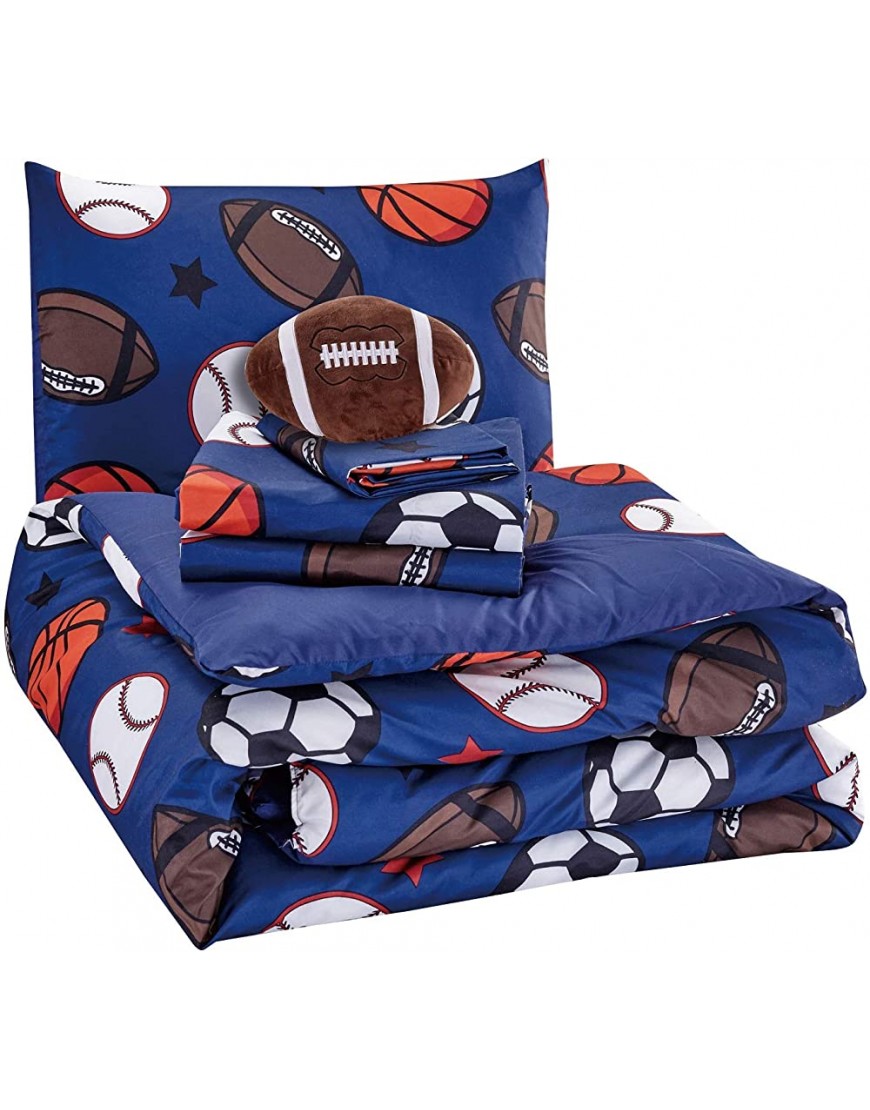 WPM Kids Collection Bedding 4 Piece Blue Twin Size Comforter Set with Sheet Pillow sham and Football Toy Soccer Baseball Basketball Fun Sports Design Football Twin Comforter - BPZN8BMEL