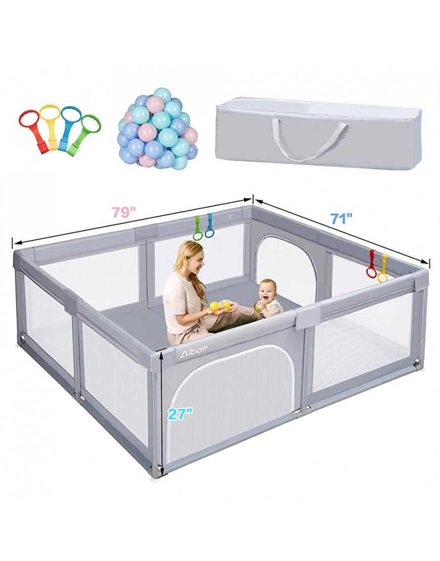 Albott Portable Baby Playpen for Babies and Toddlers- Extra Large Baby Playards Anti-Fall Infant Safety Activity Center with 50pc Pit BallsLight Grey 71x59 - BU9JV1HQL