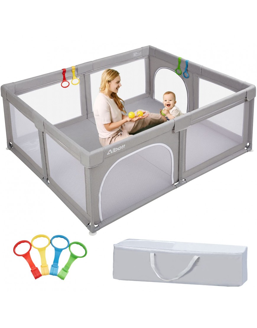 Albott Portable Baby Playpen for Babies and Toddlers- Extra Large Baby Playards Anti-Fall Infant Safety Activity Center with Cationic ClothLight Grey 59x71 - BNANGHSDL