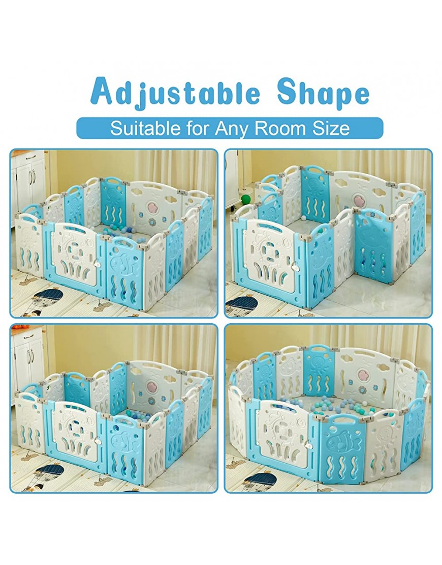 Albott Baby Fence- 14 Panel Foldable Baby Playpen Indoor Outdoor HDPE Baby Fence with Game Panel Safety Lock Non-Slip Suction Cup Adjustable Shape Sky Blue - BQ713EO92