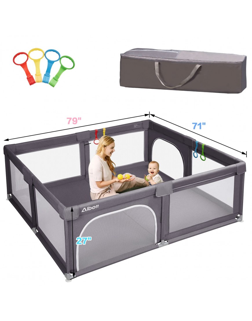 Albott Portable Baby Playpen for Babies and Toddlers- Extra Large Baby Playards Anti-Fall Infant Safety Activity Center-Cationic ClothDeep Grey 79x71 - B8K97SEU8