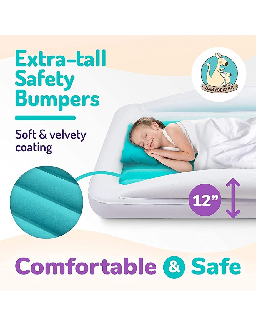 BABYSEATER Toddler Air Mattress with Sides Includes Air Pump Pillow Travel Bag and Repair Kit Toddler and Kids Travel Bed Air Mattress with Extra Tall Safety Bumpers - B3S0NLQ51