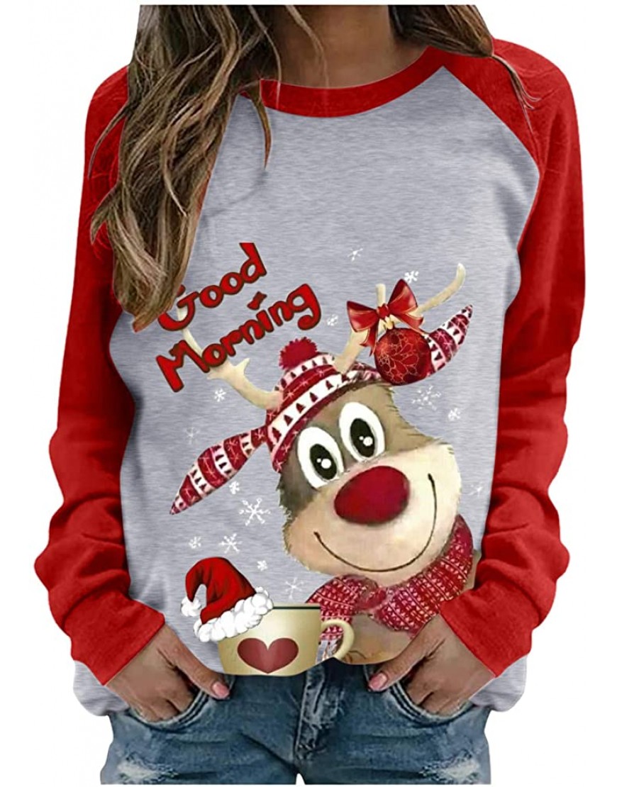 Christmas Shirts for Women Ugly Sweaters Good Morning Letters Cute Deer Printing Blouses Long Sleeve Crewneck Warm Tops - BEMJDVZR6
