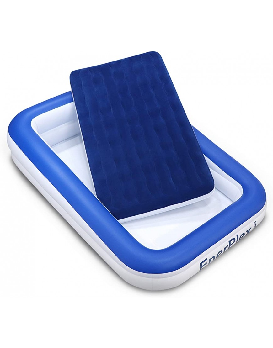 EnerPlex Kids Inflatable Travel Bed with High Speed Pump Portable Air Mattress for Kids on The Go Blow up Toddler Travel Bed with Sides – Built-in Safety Bumper Blue - BVMRVBWD3