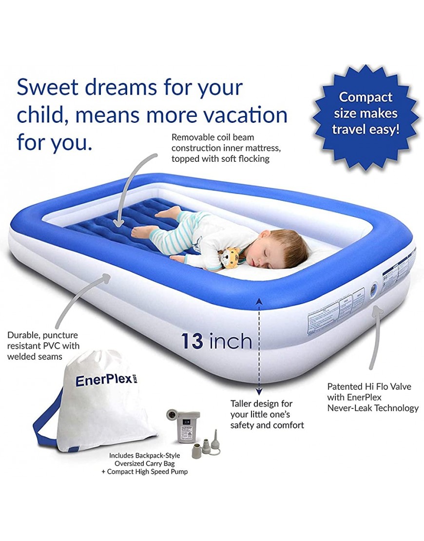 EnerPlex Kids Inflatable Travel Bed with High Speed Pump Portable Air Mattress for Kids on The Go Blow up Toddler Travel Bed with Sides – Built-in Safety Bumper Blue - BVMRVBWD3