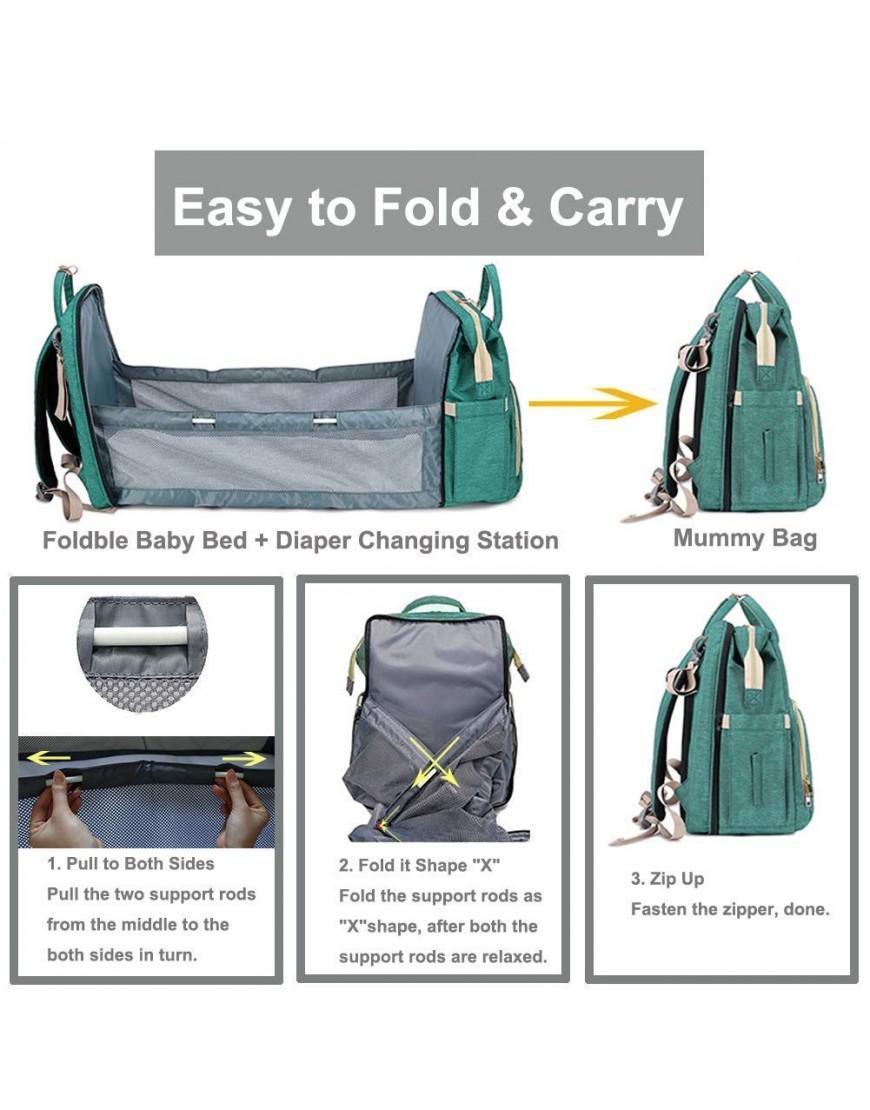 Generic Travel Bag Diaper Backpack with Bassinet Foldable Baby Bed with Stroller Straps Changing Station Portable Folding Crib with Mattress Infant Sleeper Multifunctional Pockets Green - BD89X0A05