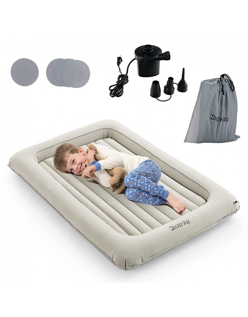 HONEY JOY Inflatable Toddler Travel Bed Kids Blow Up Air Mattress with Sides Includes Air Pump Travel Bag Repair Kit Portable Toddler Bed for Travel with Safety Bumpers Gray - BF1C1R3CQ