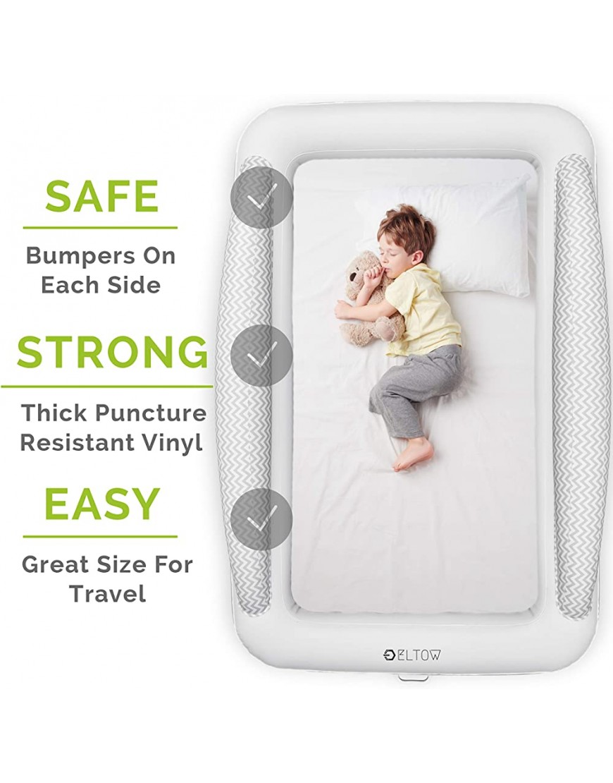 Inflatable Toddler Bed Air Mattress With Safety Bumper by Eltow -Portable Modern Travel Bed Cot for Toddlers -Perfect For Travel Camping- Removable Mattress High Speed Pump and Travel Bag Included - BSGQRMRWP