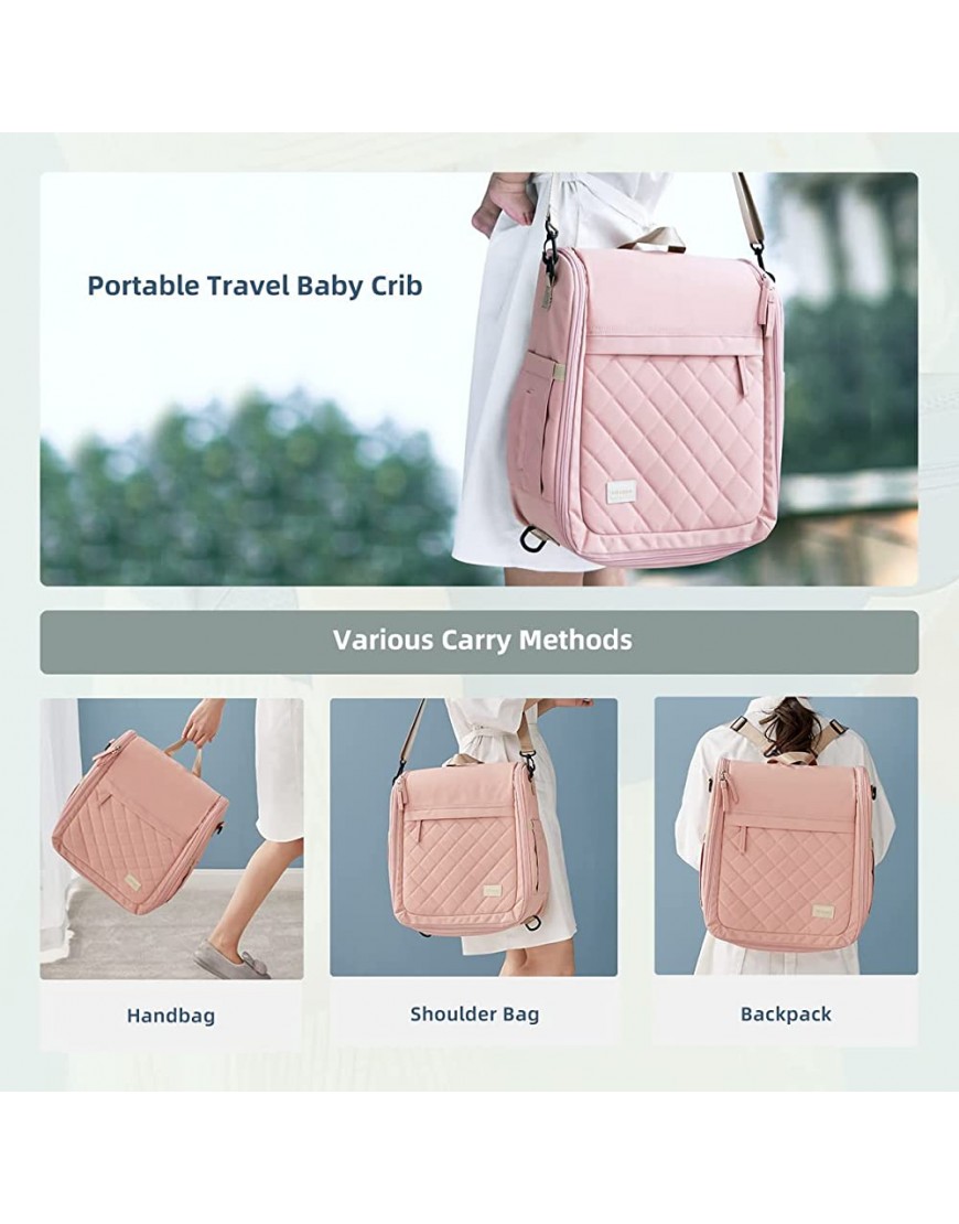 SEEDNUR Infant Travel Crib Portable Travel Bed Foldable Newborn Travel Bassinet Backpack with Soft 100% Cotton Mattress Baby Lounge Beside Sleeper Multi-Function for 0-12 Months（Pink） - BBHHE7I46