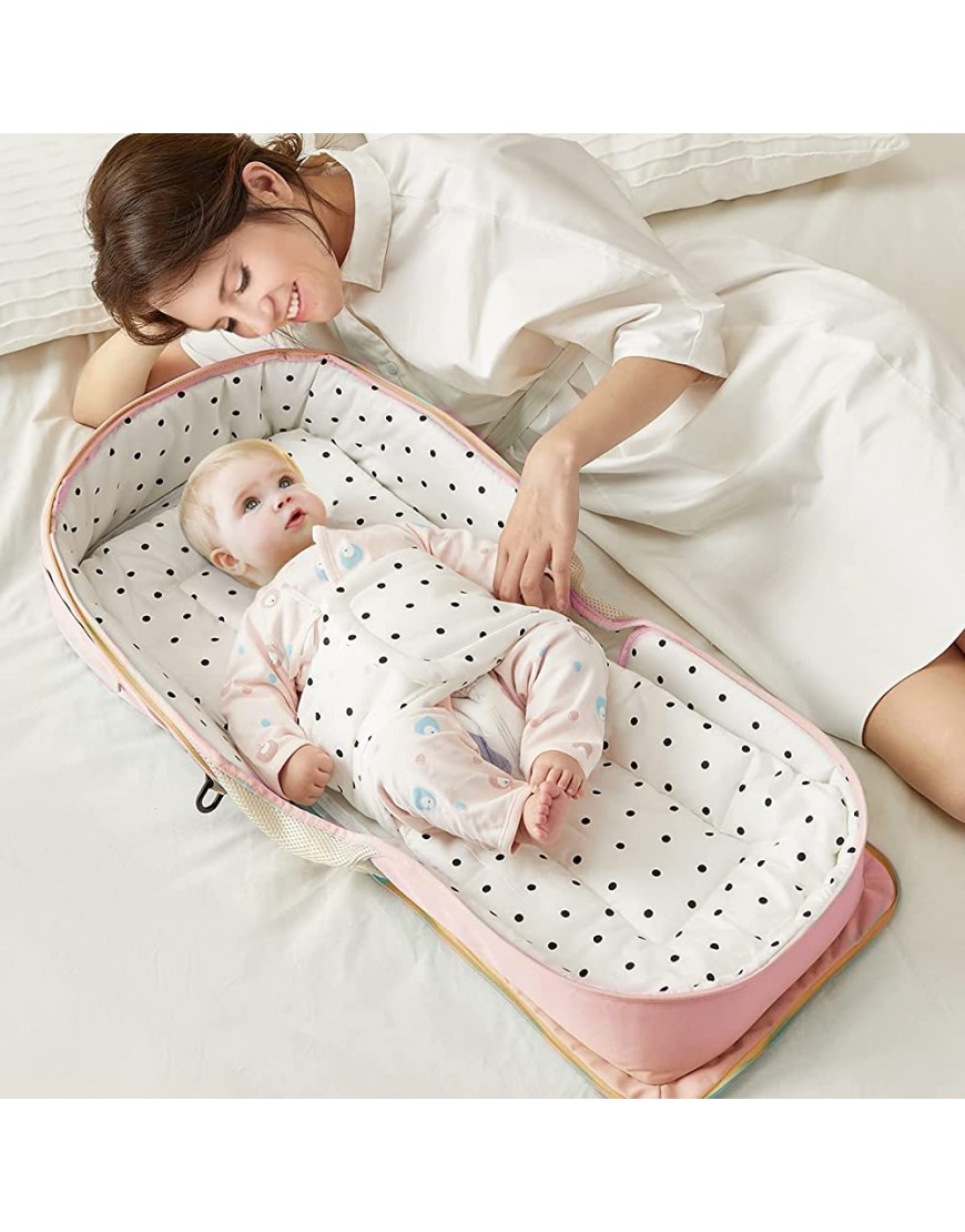 SEEDNUR Infant Travel Crib Portable Travel Bed Foldable Newborn Travel Bassinet Backpack with Soft 100% Cotton Mattress Baby Lounge Beside Sleeper Multi-Function for 0-12 Months（Pink） - BBHHE7I46