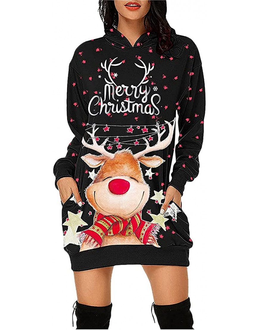 Wirziis Christmas Graphic Sweaters Dresses For Women 2021 Long Sleeve Hooded Drawstring Sweatshirt Lightweight Fall Dress - BOT4UPY8F