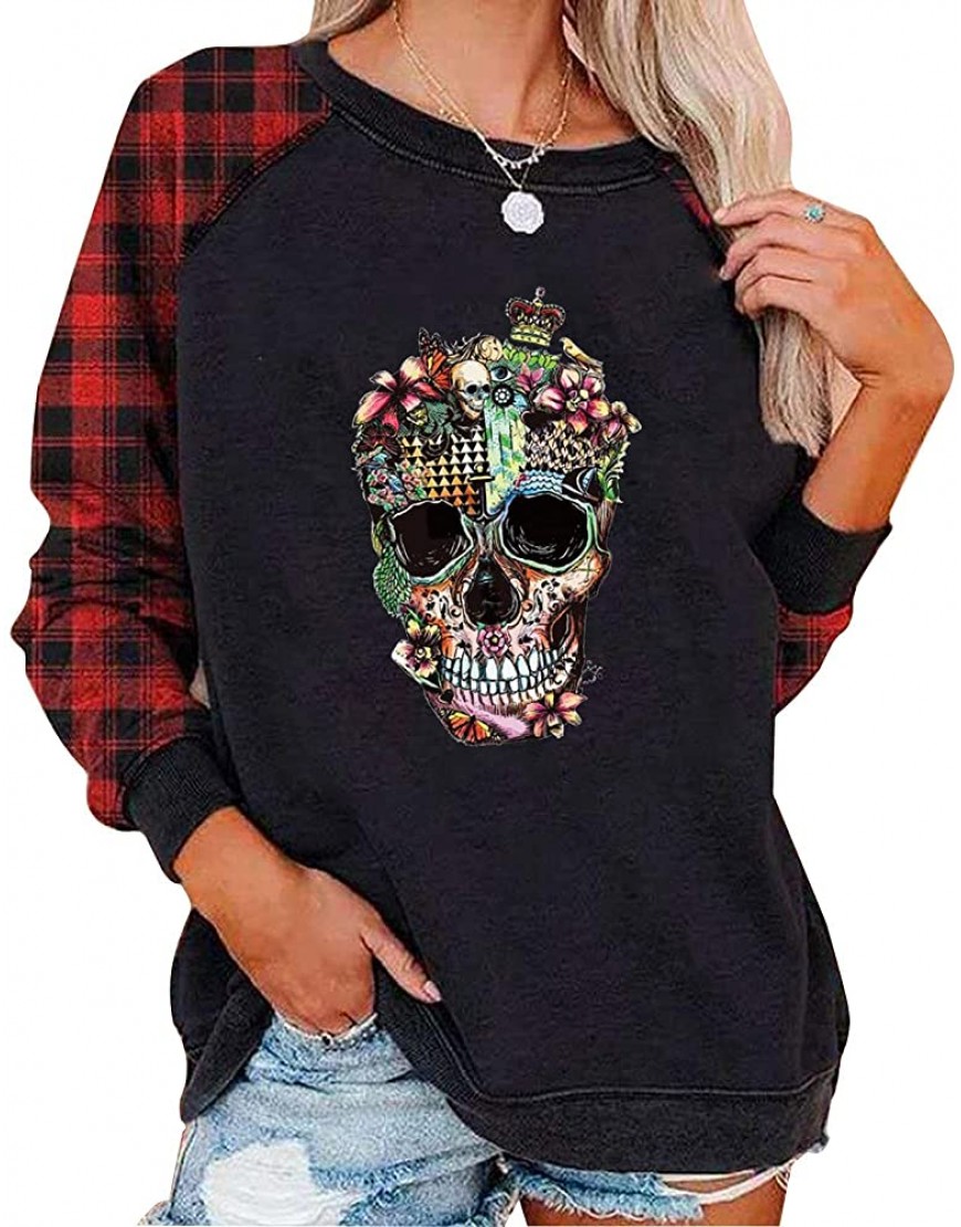 Wirziis Women Crewneck Sweatshirt Halloween Skull Print Long Sleeve Shirt Lightweight Pullover Casual Oversized Blouse - BM7PMFBQK