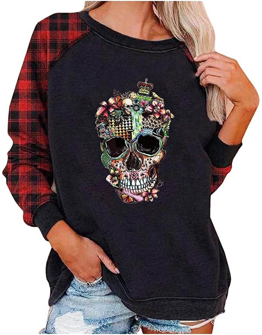 Wirziis Women Crewneck Sweatshirt Halloween Skull Print Long Sleeve Shirt Lightweight Pullover Casual Oversized Blouse - BM7PMFBQK