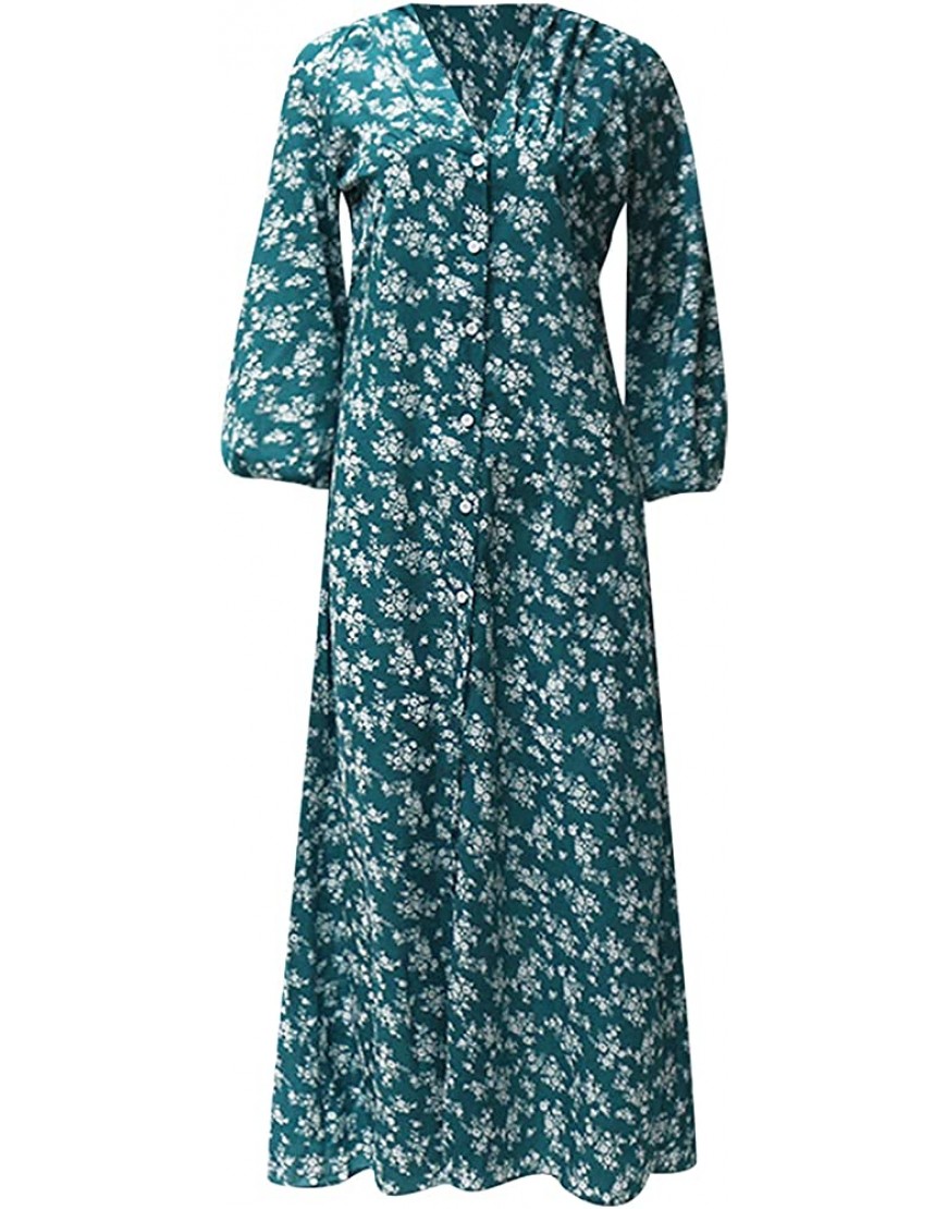 Women's Casual V Neck Boho Maixi Dress Summer Floral Print Tunic Sundress Long Sleve Ruffle Pleated A-Line Sun Dress - BAFG3W4FL