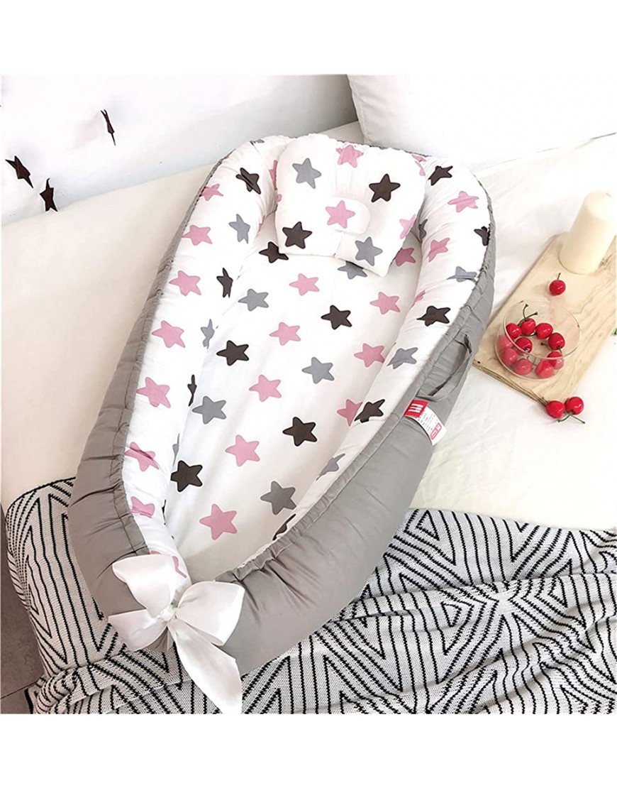 Abreeze Baby Nest Sleeper,Grey-Pink Stars Baby Lounger Nest Crib Bedding Breathable Baby Nest Co-Sleeping Baby Bed 100% Cotton Portable Crib Pillow Baby Travel Bed Infant Lounger - BP8YW01RZ