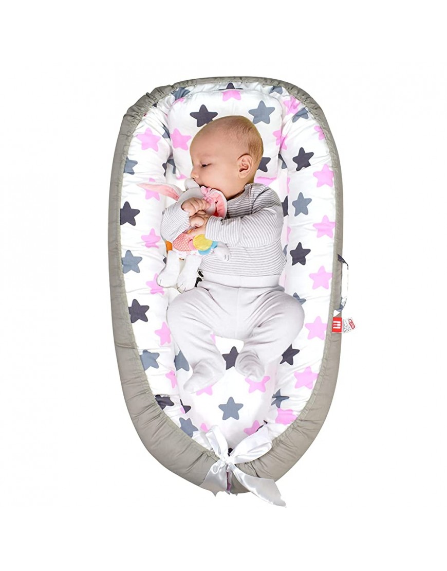 Abreeze Baby Nest Sleeper,Grey-Pink Stars Baby Lounger Nest Crib Bedding Breathable Baby Nest Co-Sleeping Baby Bed 100% Cotton Portable Crib Pillow Baby Travel Bed Infant Lounger - BP8YW01RZ