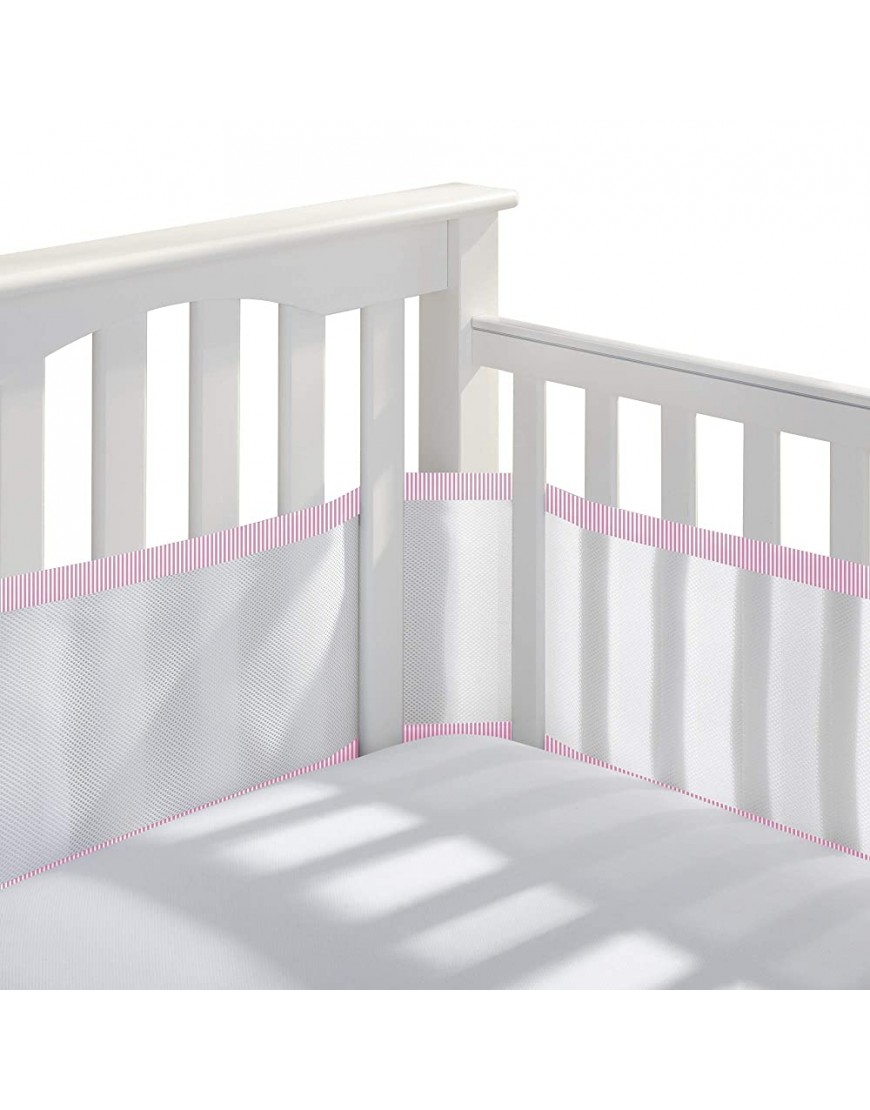 BreathableBaby Breathable Mesh Crib Liner – Classic Collection – White with Rose Seersucker Trim – Fits Full-Size Four-Sided Slatted and Solid Back Cribs – Anti-Bumper - B4KJJP515