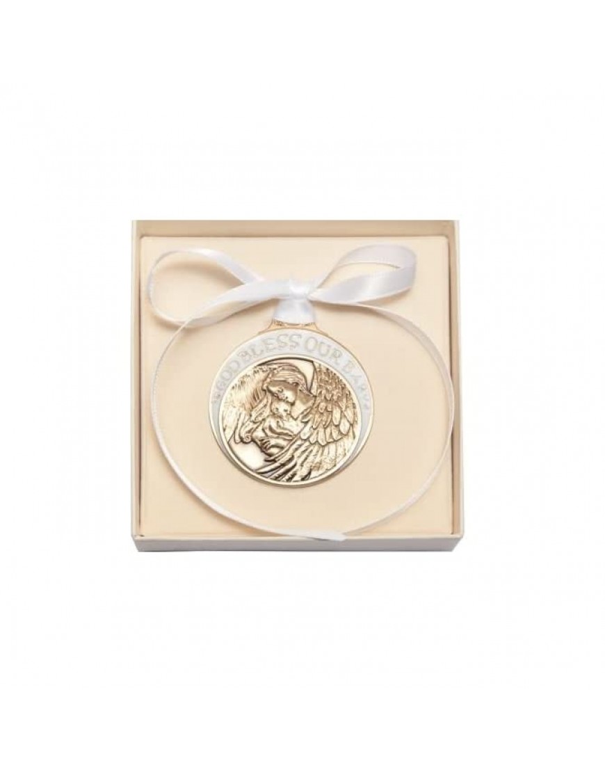 Gold Oxide Baby with Guardian Angel Crib Medal with White Ribbon Boxed - BGFRVBUPX