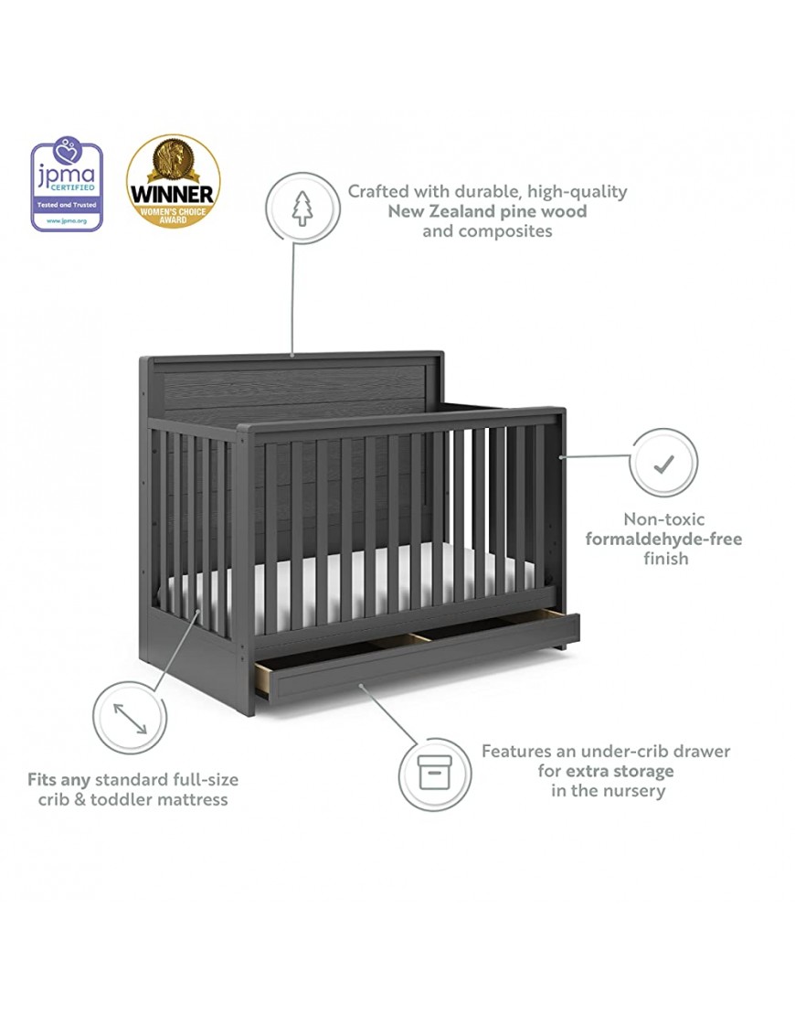 Storkcraft Luna 5-in-1 Convertible Crib with Drawer Gray – GREENGUARD Gold Certified Crib with Drawer Combo Full-Size Nursery Storage Drawer Converts to Toddler Bed Daybed and Full-Size Bed - BARBM7PTR
