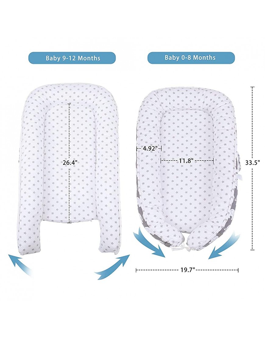 AMPERSIN Baby Lounger Baby Nest Co Sleeping Portable Bassinet as Baby Shower Gifts 100% Soft Cotton Breathable with Baby Pillows Newborn Lounger for Sleeping Grey Elephant - BPJGW1LH1