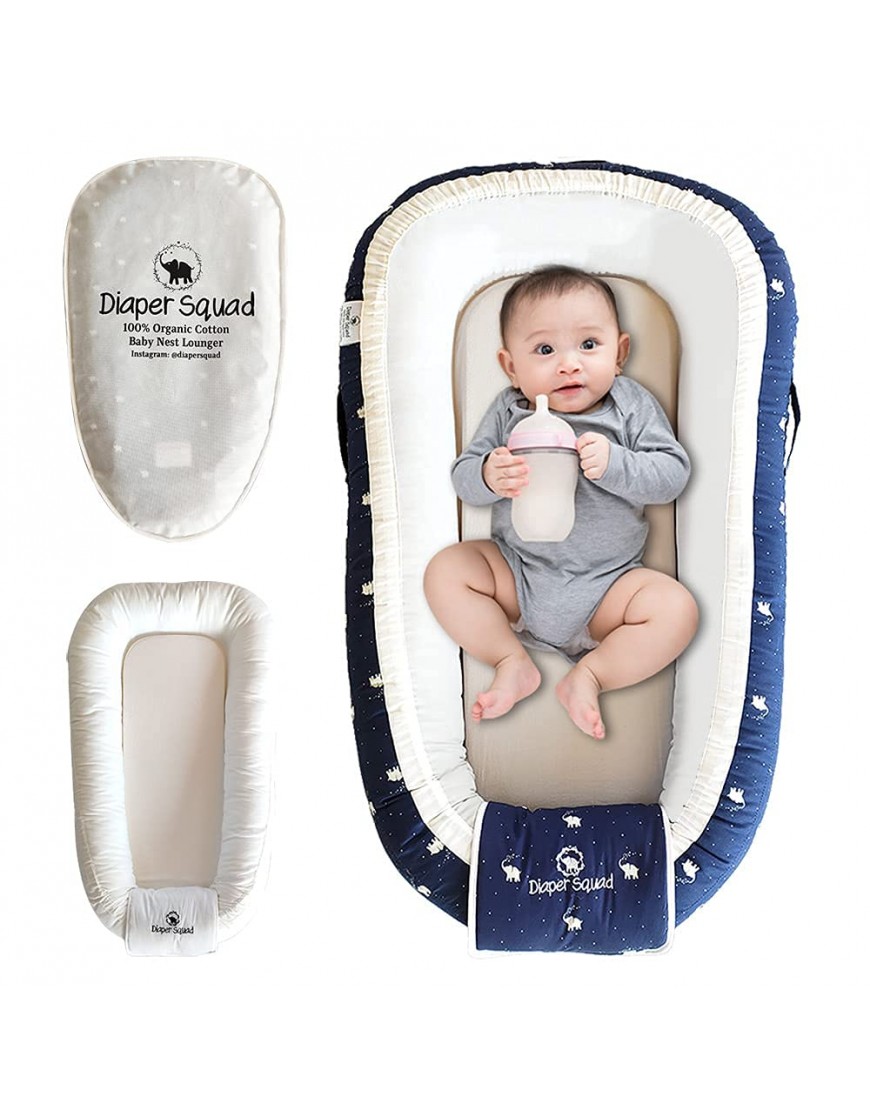Diaper Squad 100% Organic Cotton Baby Nest Lounger Water-Resistant with Additional Safety Cover and Carrying Bag for Boys and Girls - BPS8W2PF0