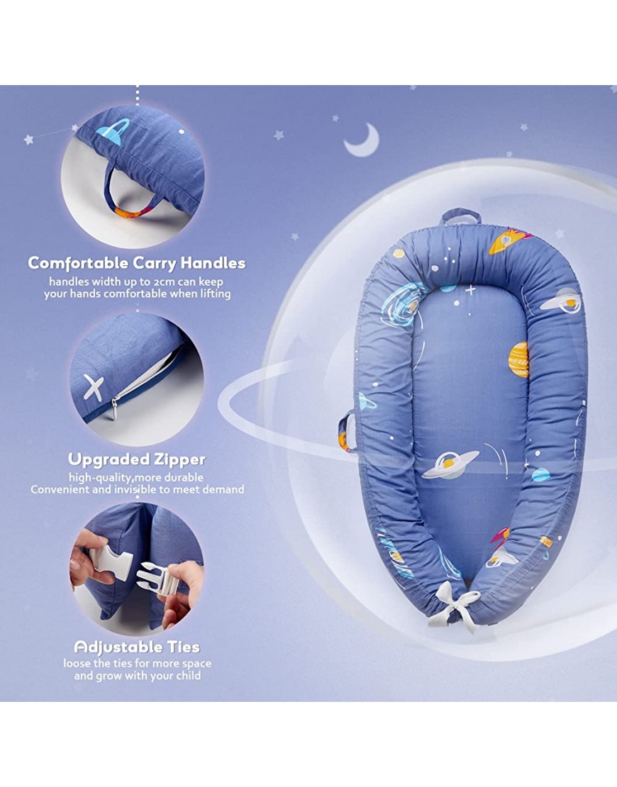 LOAOL Baby Lounger Baby Nest for Co Sleeping Ultra Soft and Breathable Portable Newborn Lounger Adjustable Mattress Crib Bassinet Outer Space Rocket Blue Baby Essentials Must Haves - BB381Q8LP
