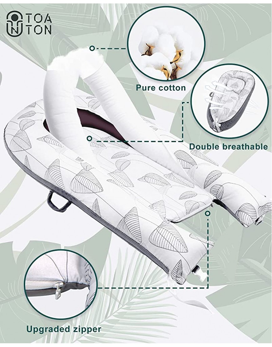 TOATON Baby Lounger Baby Nest Newborn Crib soothing Bed with Pillow Ultra Soft Cotton Reversible Adjustable Portable Baby Bassinet Lightweight for Traveling Newborn Baby Gifts Essential Leaves - BOGLH2D20