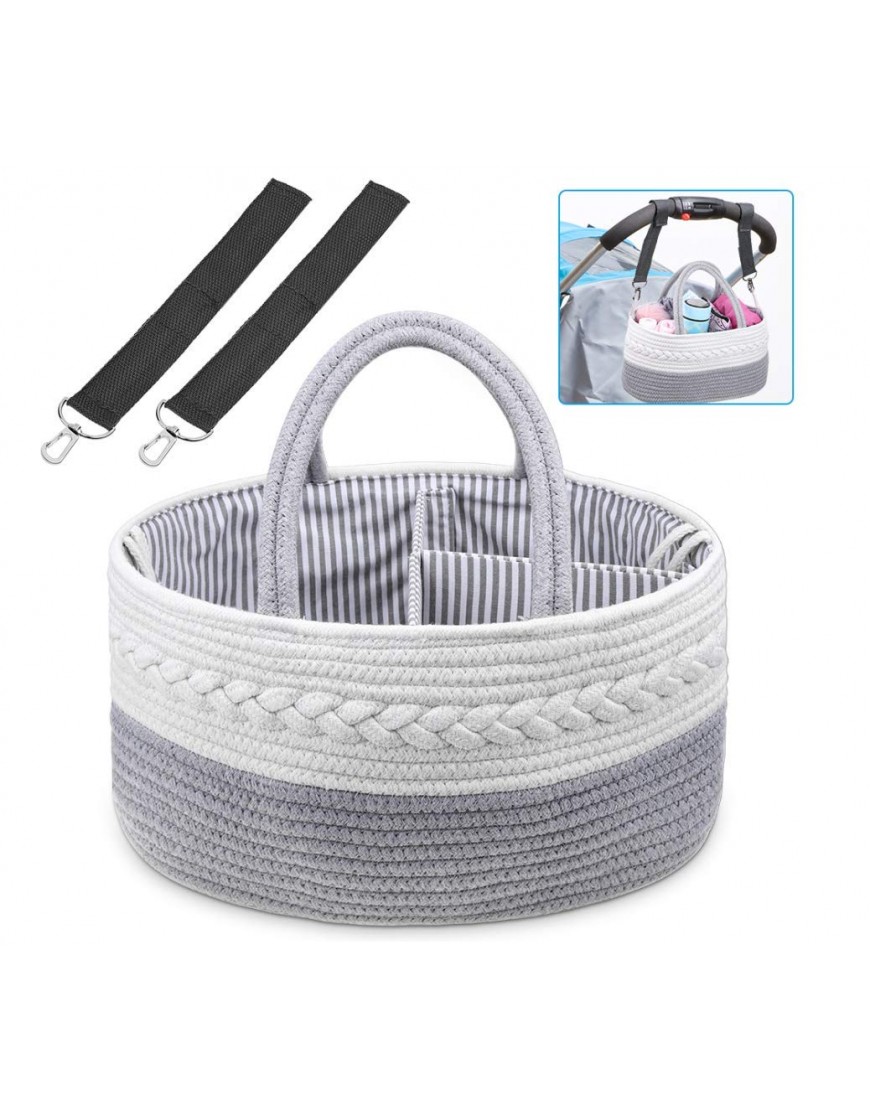 Baby Diaper Storage Caddy Shynek Rope Diaper Caddy Organizer with Baby Stroller Hooks Clips 100% Cotton Portable Diaper Storage for Diaper Baby Wipes and Shower Gift - BL2ZJFGI6