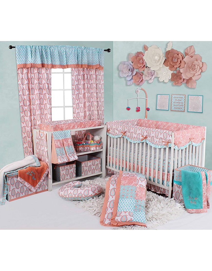 Bacati Sophia Paisley Girls 4 Piece Crib Set with Diaper Stacker Coral Aqua - B1MTAVOEY