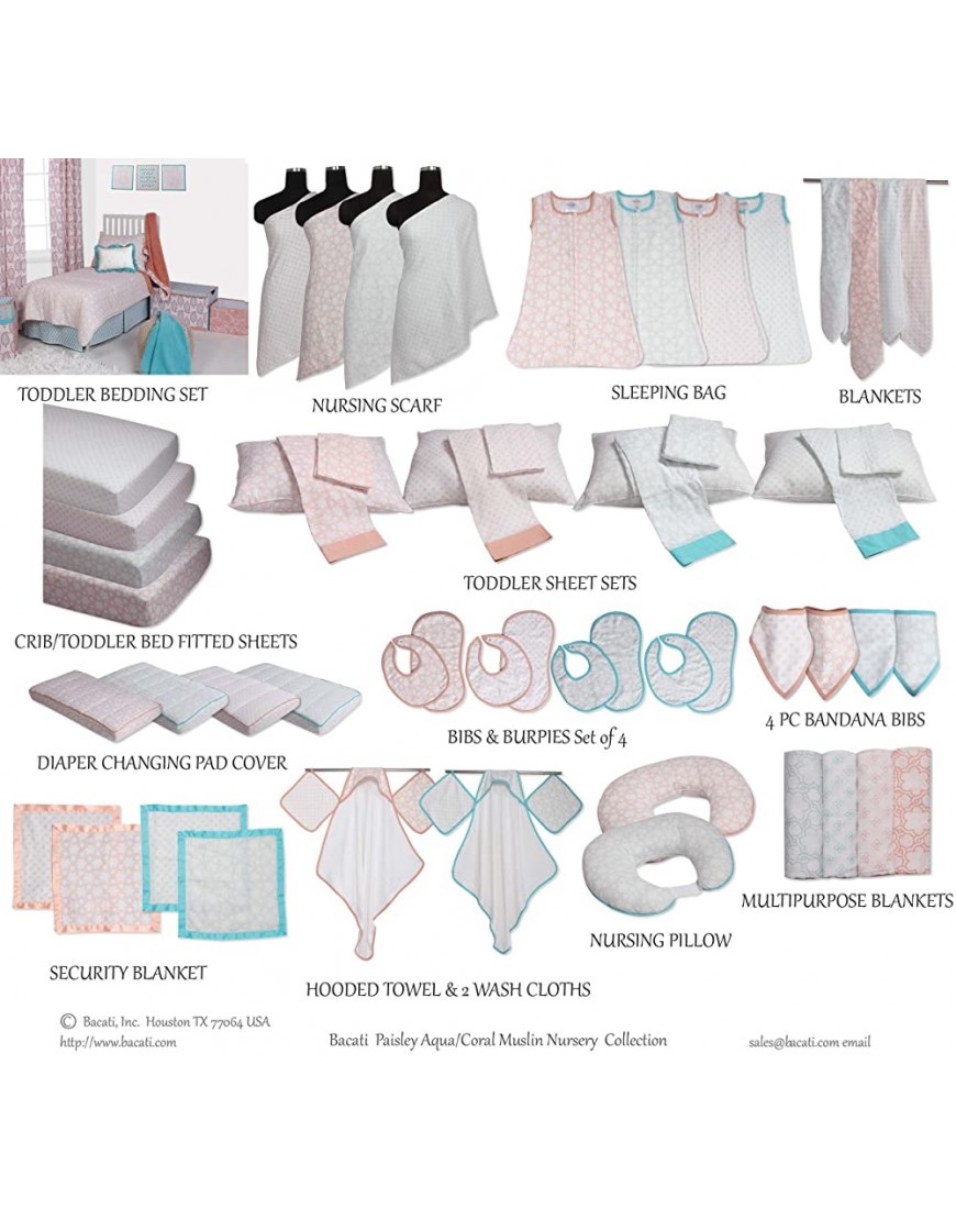 Bacati Sophia Paisley Girls 4 Piece Crib Set with Diaper Stacker Coral Aqua - B1MTAVOEY