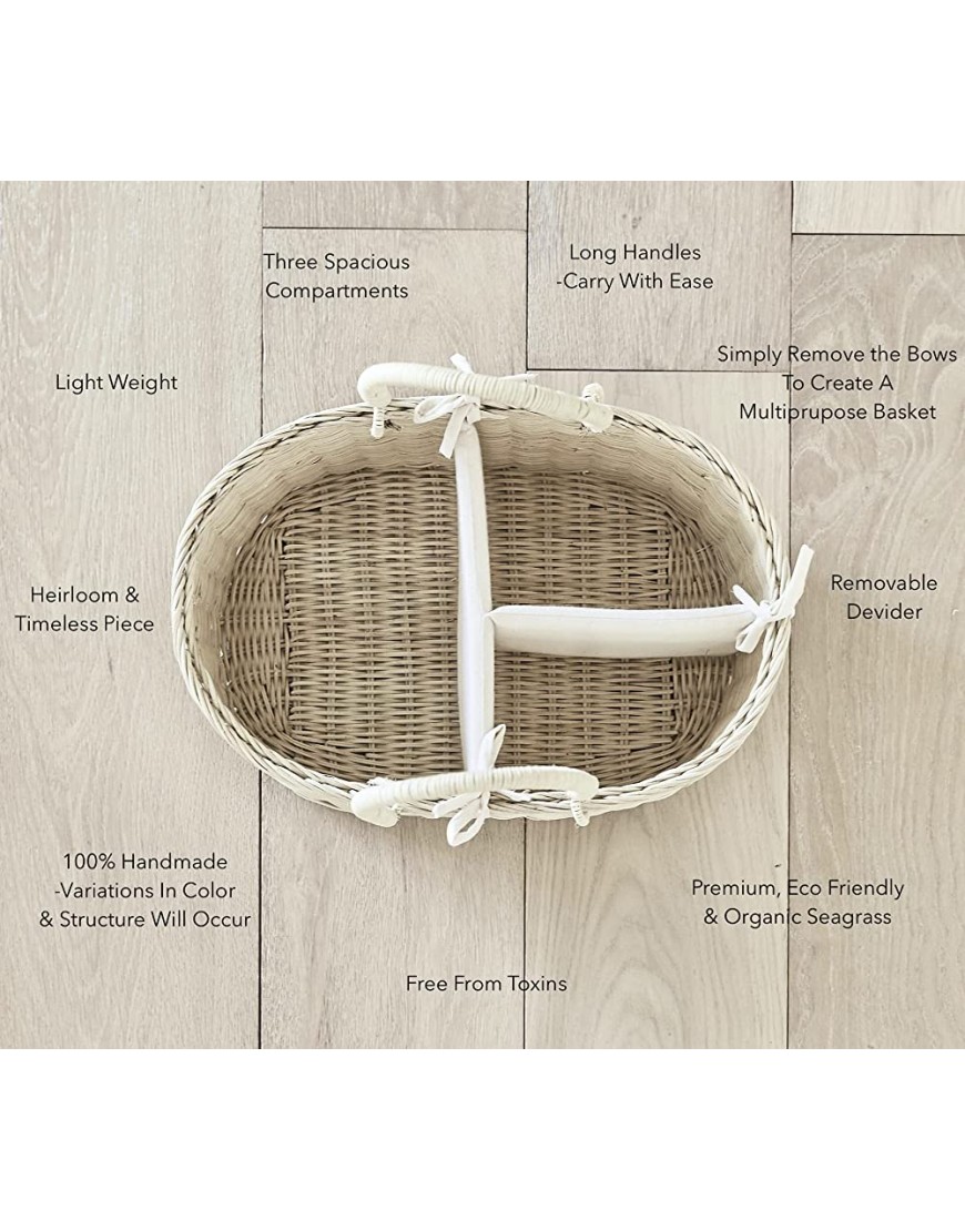 Bebe Bask - Baby Diaper Caddy Organizer - 100% Natural Organic Rattan & Cotton - Handmade 16x11x7 inch Basket w Removable Divider for Baby Girl or Boy - Vegan Cruelty-Free - BF70PODMO
