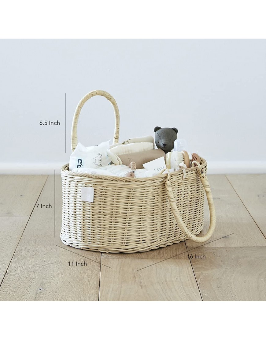 Bebe Bask - Baby Diaper Caddy Organizer - 100% Natural Organic Rattan & Cotton - Handmade 16x11x7 inch Basket w Removable Divider for Baby Girl or Boy - Vegan Cruelty-Free - BF70PODMO