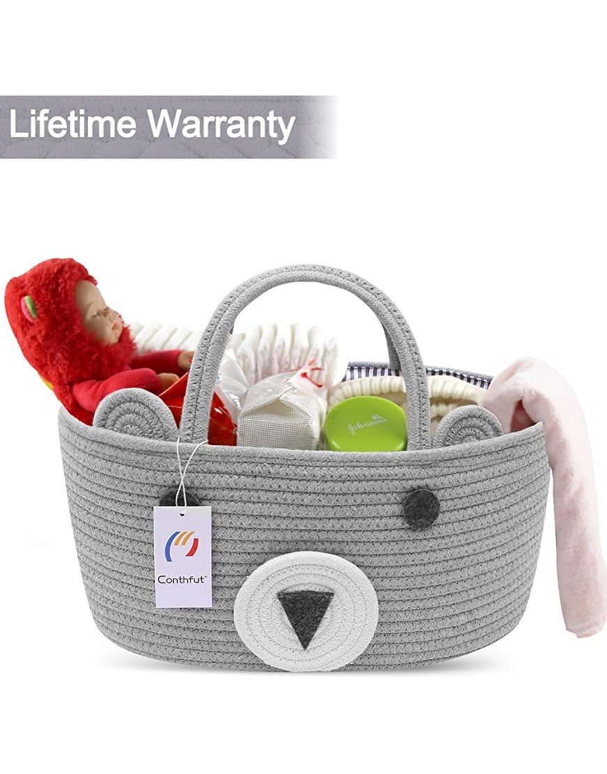 Conthfut Baby Diaper Caddy Organizer 100% Cotton Canvas Stylish Rope Nursery Storage Bin Portable Tote Bag & Car Organizer For Changing Table- Top Baby Shower Basket Gray - BB5LUY1QB