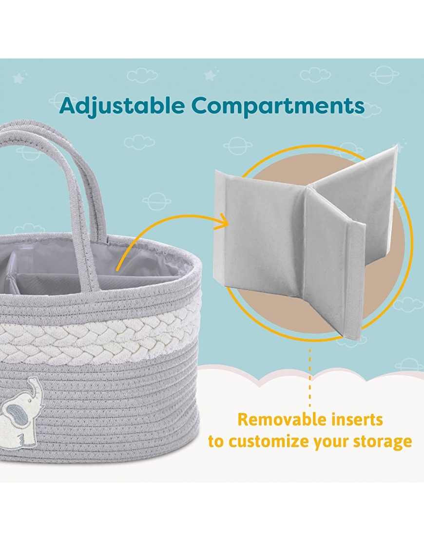 Cradle Star Diaper Basket – Portable Diaper Storage Organizer with Compartments – Baby Diaper Caddy Organizer for Changing Table Made from 100% Cotton Rope Elephant Gray - B04EKD90B