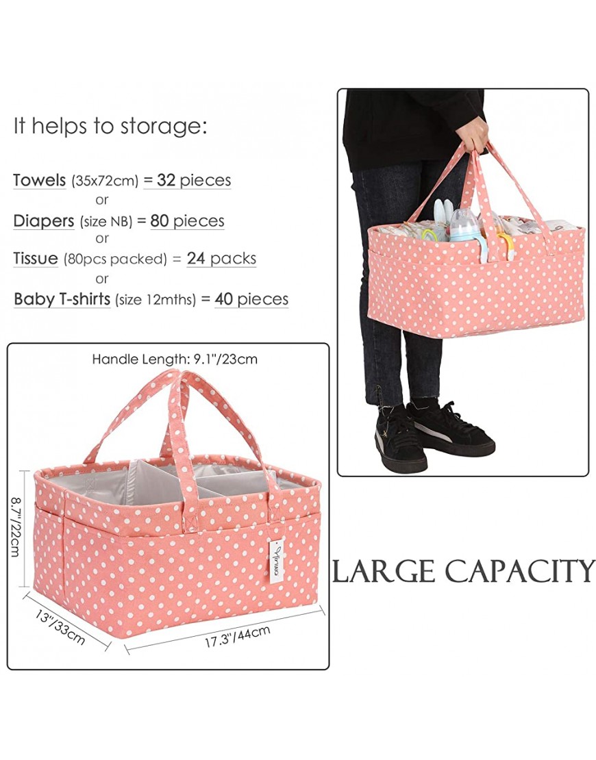 Hinwo Baby Diaper Caddy 3-Compartment Infant Nursery Tote Storage Bin Portable Car Organizer Newborn Shower Basket with Detachable Divider and 10 Invisible Pockets for Diapers Pink Dot - BPRYK7A0H