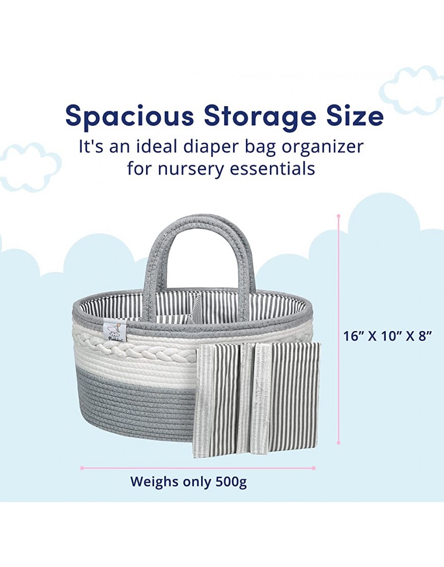 Maddykins Diaper Caddy Diaper Basket Organizer 100% Pure Woven Cotton Diaper Storage Caddy Large Diaper Caddy Grey White - BHLGVAF72
