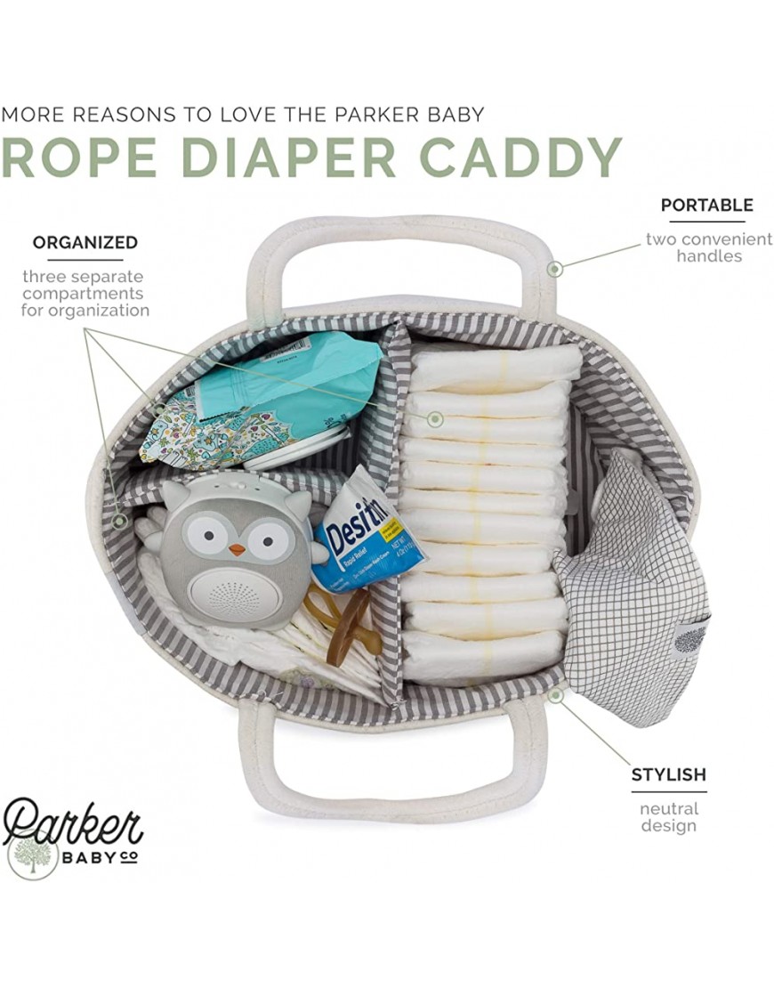 Parker Baby Rope Diaper Caddy Organizer Nursery Storage Bin and Car Organizer for Diapers and Baby Wipes Diaper Organizer for Baby Essentials Gray - BZVFLLEQA