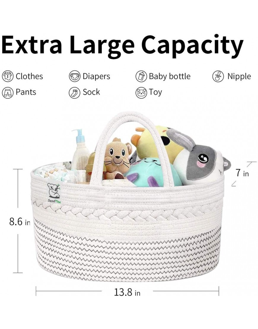 SENDTHX Baby Diaper Caddy Organizer- Cotton Canvas Stylish Rope Nursery Storage Bin Portable Diaper Storage Basket for Changing Table & Car white+grey wave - BLTM52XNO