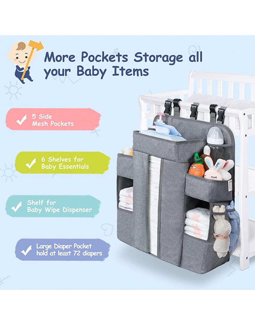 XL Hanging Diaper Caddy Organizer for Changing Table Crib Diaper Organizer for Baby Stuff Pack n Play Nursery Organizer Baby Accessories for Newborn Baby Shower GiftsGrey - BVU1Y6NVN