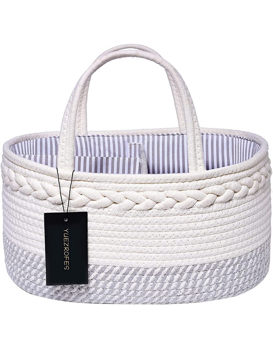 YUEZROFES Baby Diaper Caddy Organizer White & Gray Portable Cotton Rope Diaper Basket Ideal for Storing Diapers and Baby Wipes Baby Shower Basket 15.3 x 7.1 x 9.8 inches - B4ETO86XX