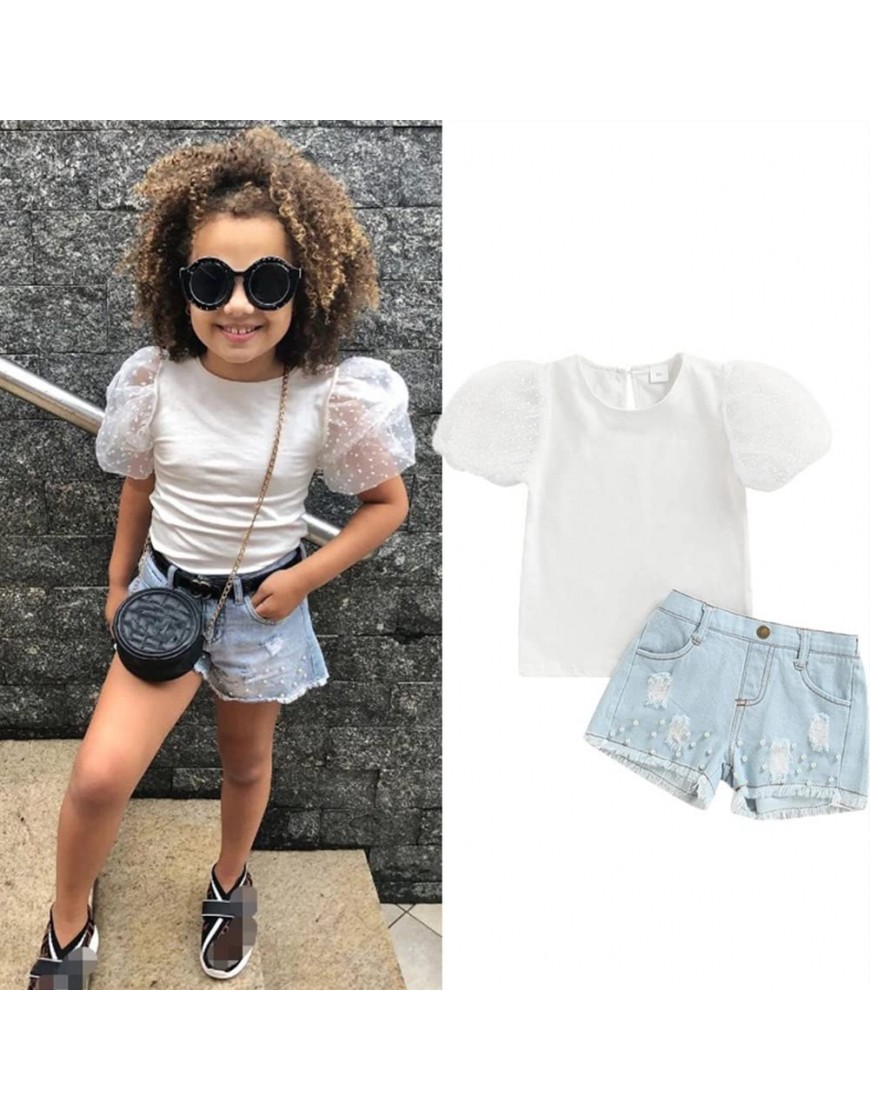 1-6 Years Little Girls Summer Clothes Set Short Sleeve Lace Solid Color Tops+ Denim Shorts Kids 2Pcs Casual Outfits - BYTUZY99T