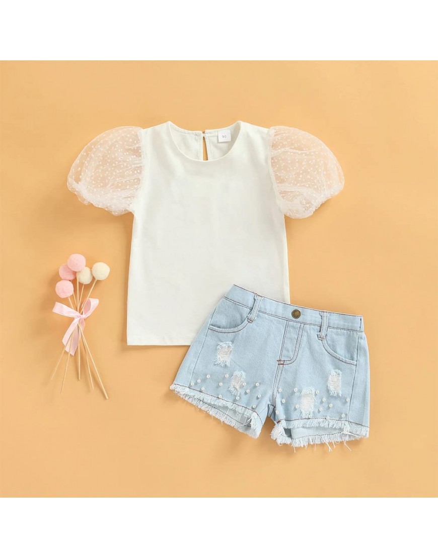 1-6 Years Little Girls Summer Clothes Set Short Sleeve Lace Solid Color Tops+ Denim Shorts Kids 2Pcs Casual Outfits - BYTUZY99T