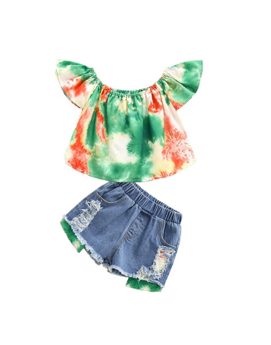 2PCS Cute Summer Clothes Outfit Girl Tie DyePrint Boat Neck Short Sleeve Tops Shirt+Denim Shorts Infant Clothing - B1T8220QW
