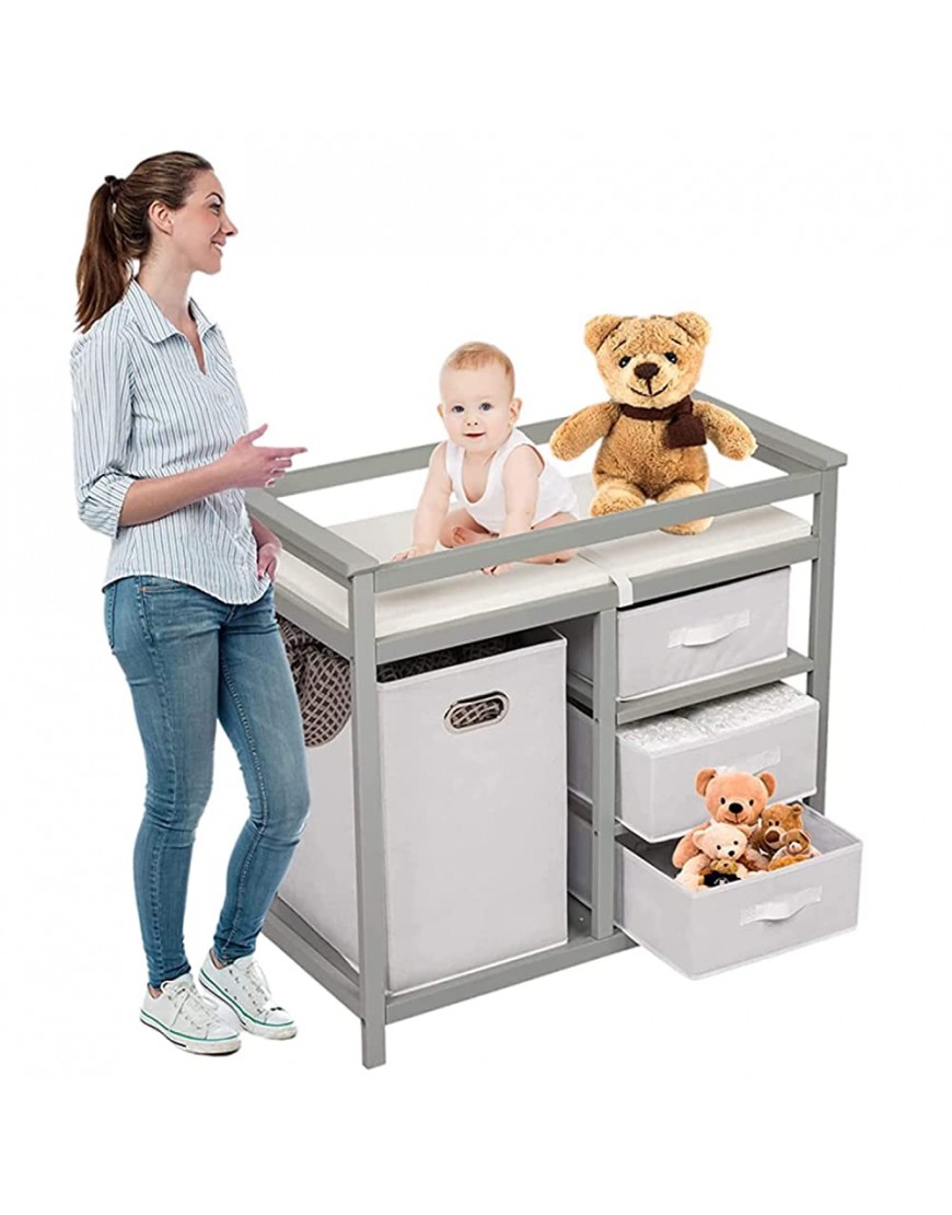 Baby Changing Table Diaper Changing Table with Laundry Hamper 3 Storage Basket Changing Pad & Safety Belt Grey - BB92772PD