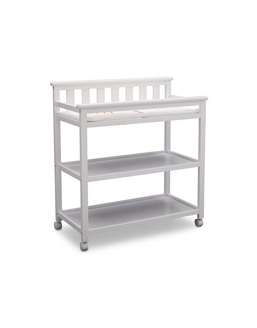 Delta Children Flat Top Changing Table with Wheels and Changing Pad Greenguard Gold Certified Bianca White - BFLXUCCUN